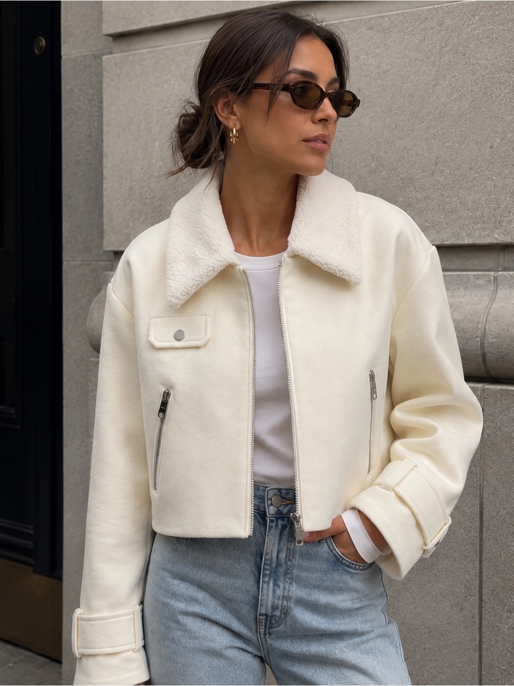Mercer Collective Marisa Cream Cropped Sherpa Collar Zip Jacket Large